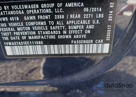 2014 Volkswagen Passat S z USA, uszkodzony, nr VIN 1VWAS7A31EC111580